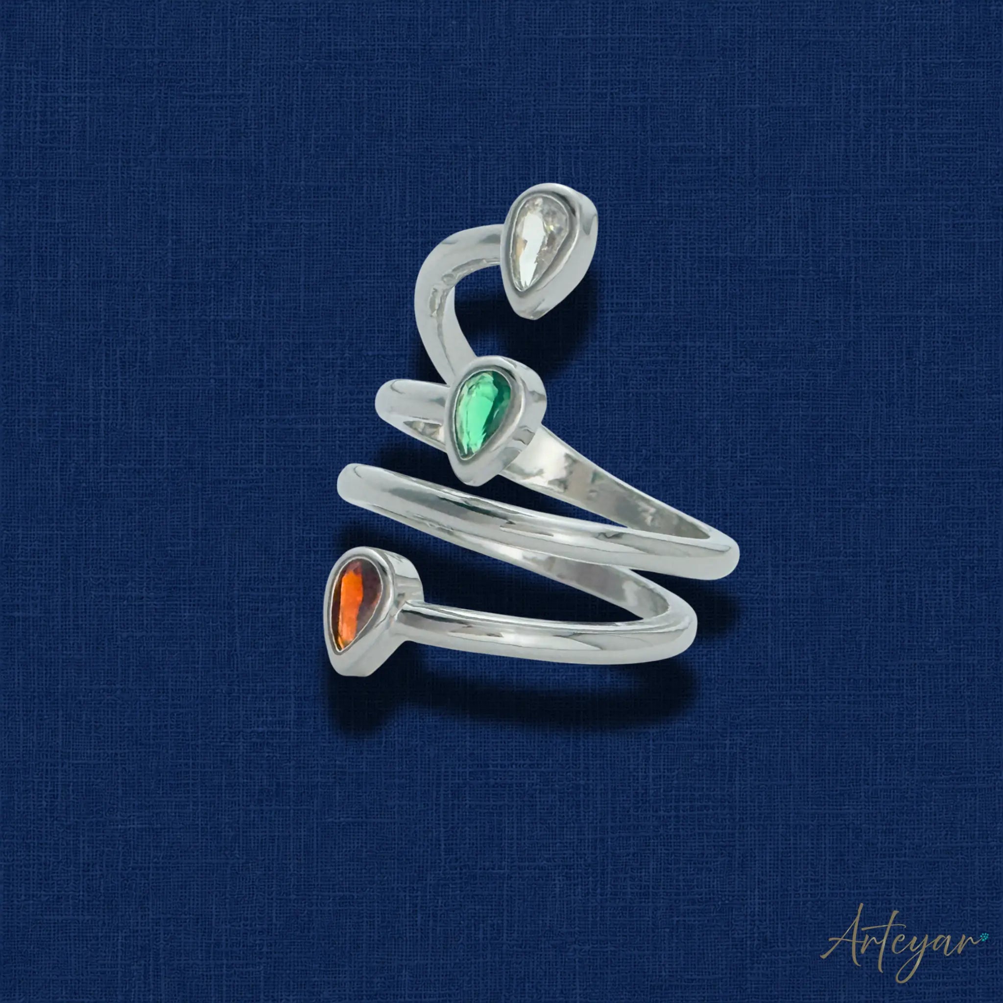 Tears Silver Ring with Multicolor Tear-Shaped Stones on Curved Band for Women, Arteyar Design, Dynamic and Modern Jewelry.