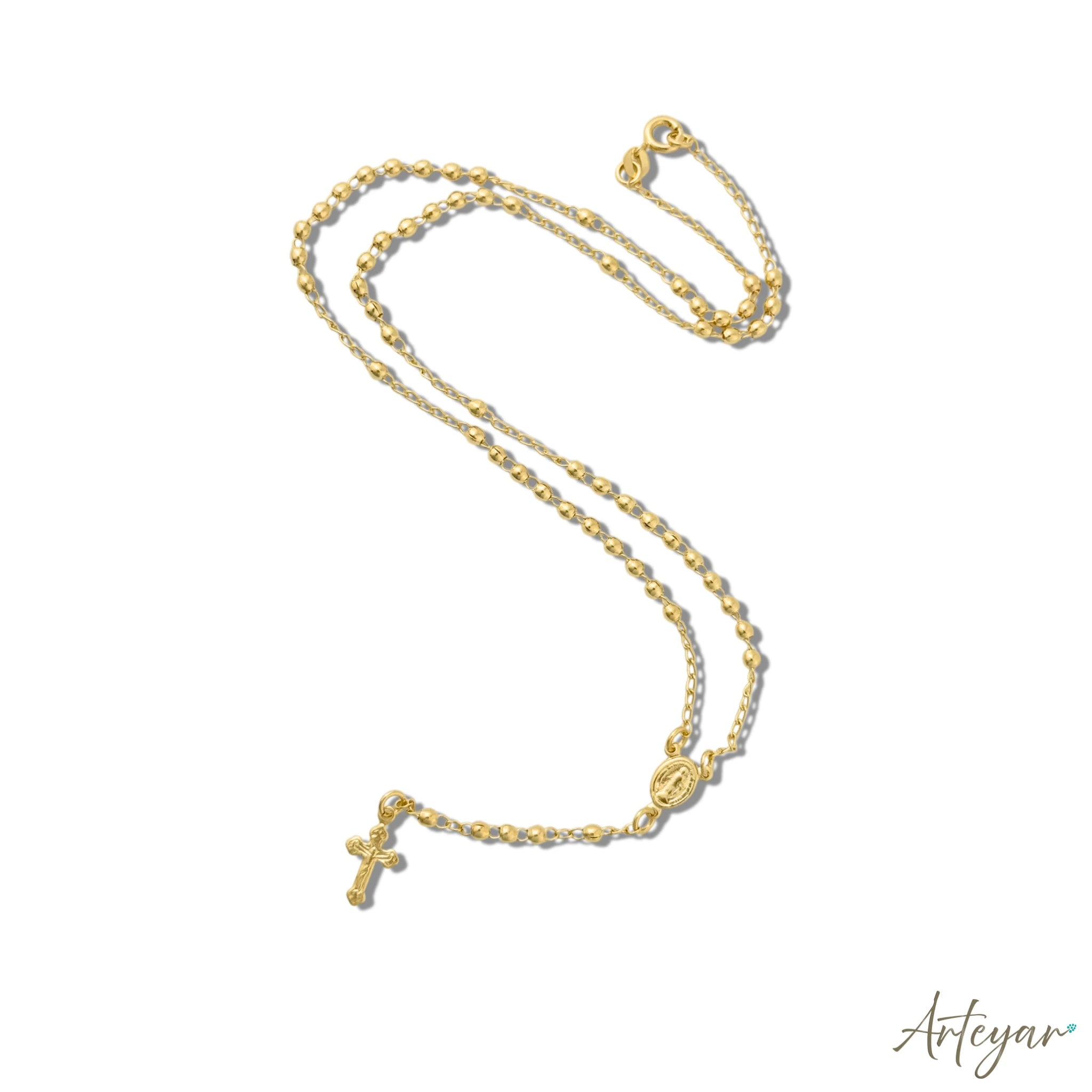 Elegant Rosary Necklace with Shiny Beads, Virgin Medal, and Cross Pendant, Rosary Design by Arteyar, Delicate Religious Jewelry, Perfect for Special Occasions or Daily Spiritual Connection.