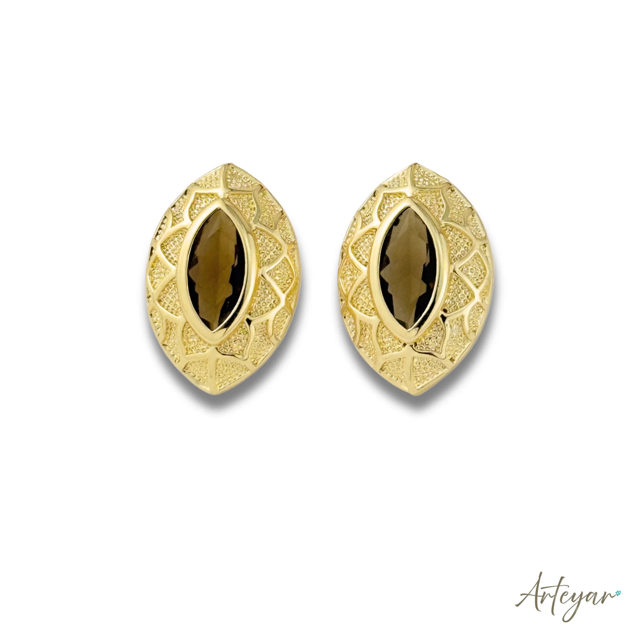 Gold and Dark-Tone Crystal Earrings for Women, Ébano Design by Arteyar, Almond-Shaped Jewelry with Elegant Relief Detailing and Bold Sophisticated Style